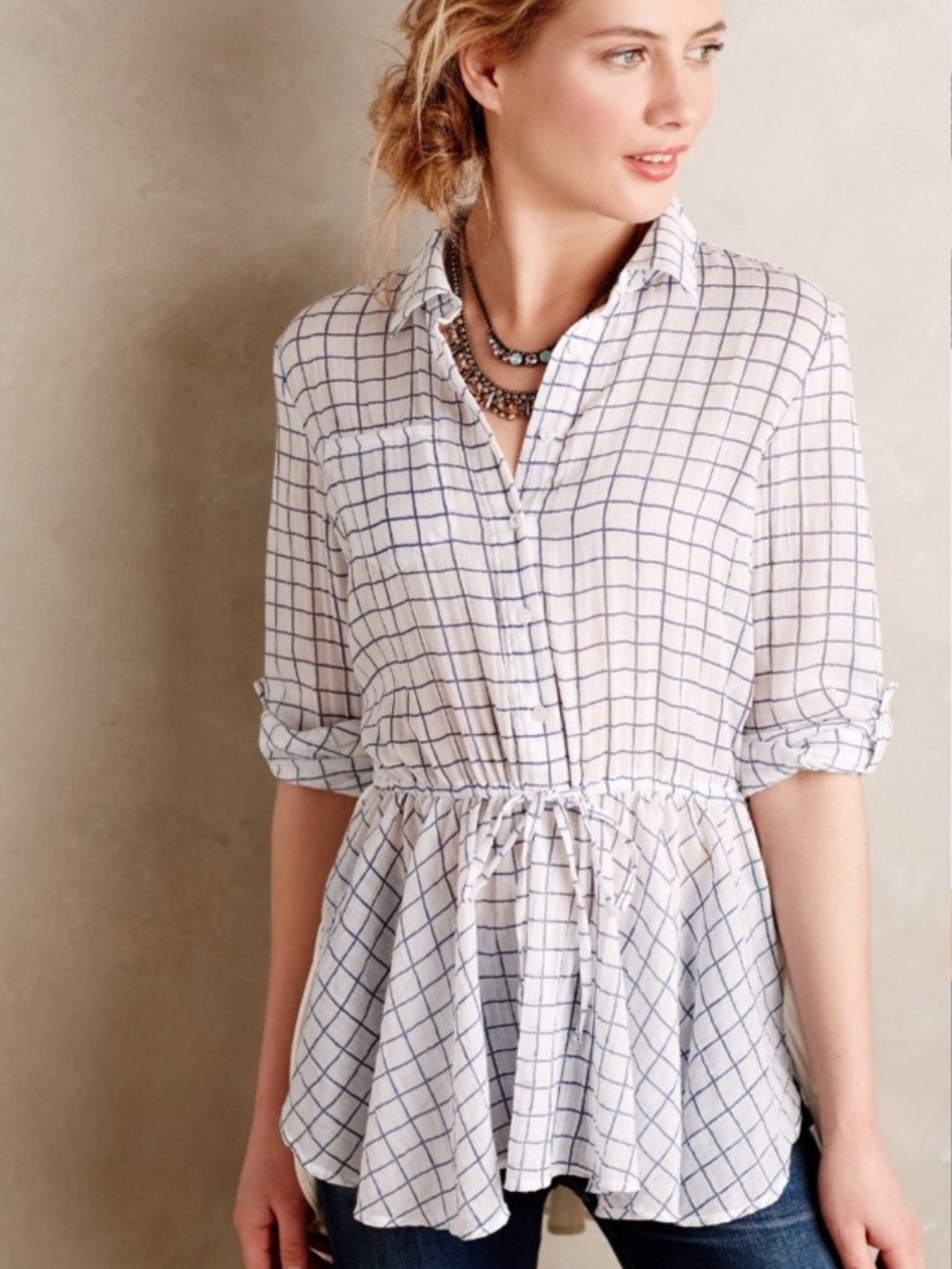 Anthropologie Blue Tassel Blue and White Windowpane Checkered Tunic